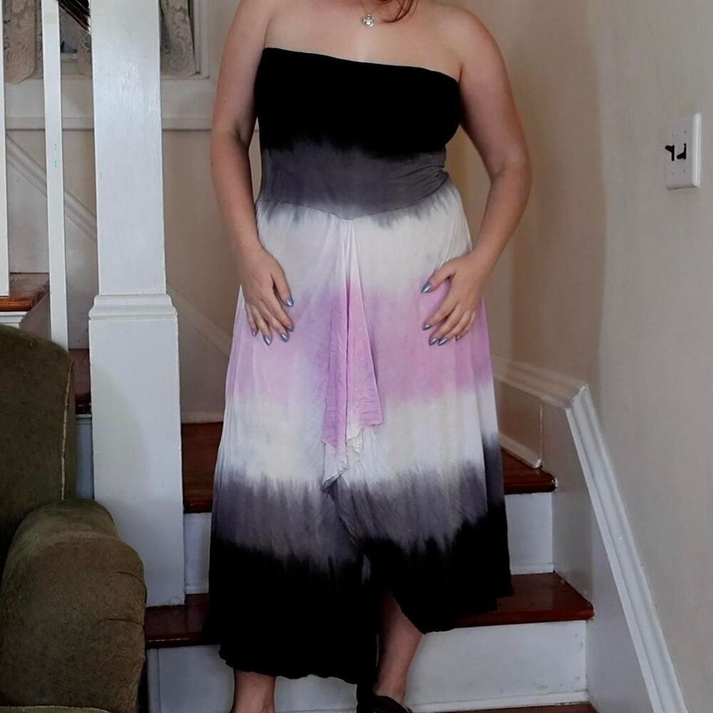 Convertible Tie Dye Dress Sz Large Black Purple Gradient Handkerchief Hem Midi